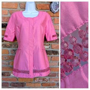 Vintage Couture Alma Bubble Gum Pink Elegant Crystal Beaded Silk Blazer Cutouts